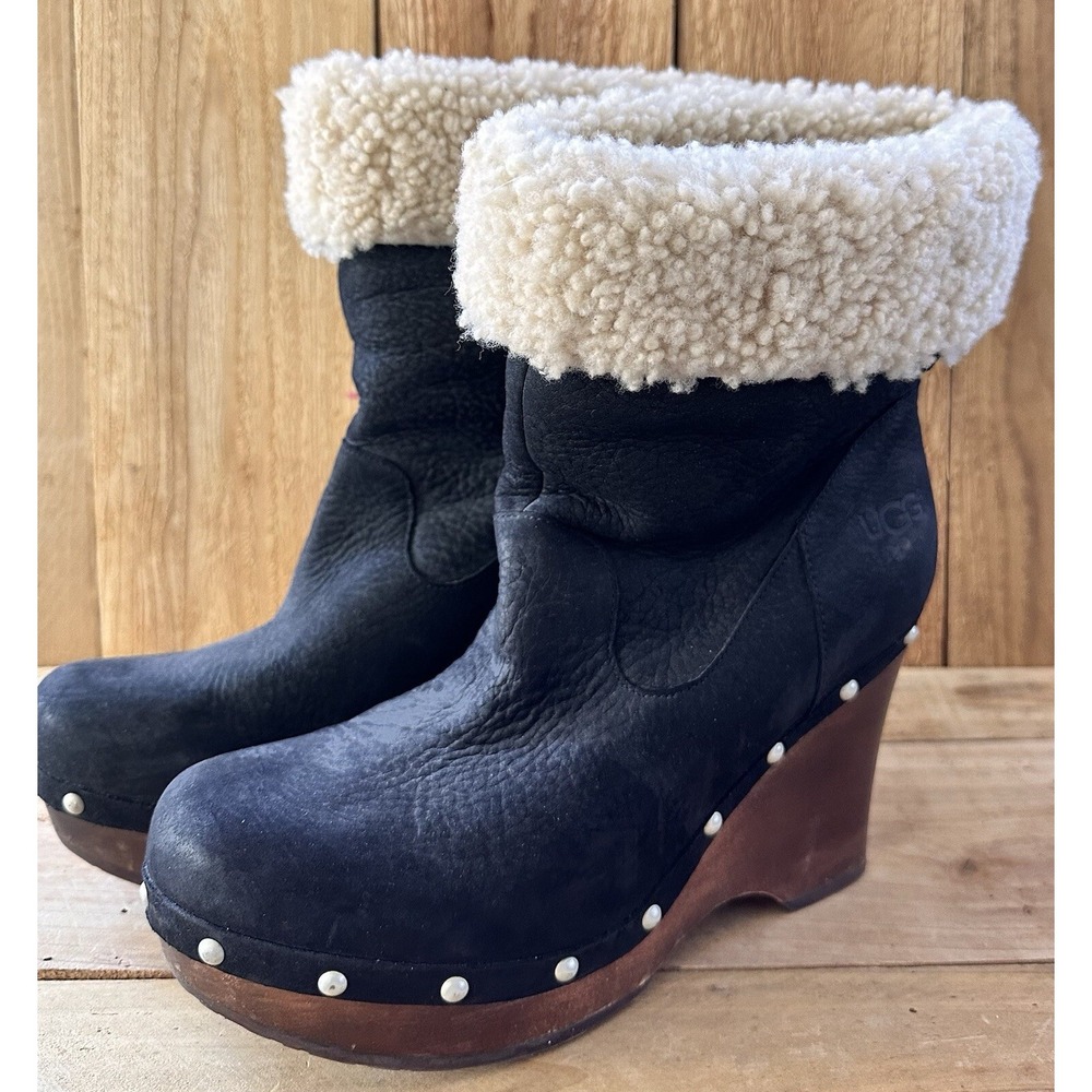 Ugg Wedge Wood Ankle Boots Black Sz 9 Carnegie Nubuck Leather Shearling